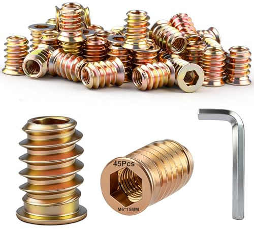 Dshunnc 45 stycken skruvmuttrar M6 x 15 mm gänginsats trä, rampamuff M6, galvaniserade sexkantiga skruvmuttrar för trämöbler, hyllor, arbetsbänkar, trädgårdsmöbler