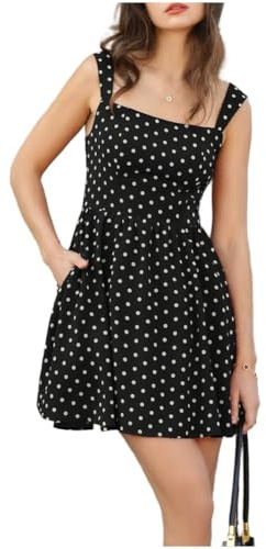 Belle Poque Abito da donna a pois, con scollo quadrato, con spalline larghe, schiena impalcata a linea, per l'estate e il tempo libero