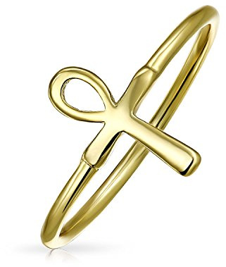 Bling Jewelry Minimalista 14K Chapado En Oro .925 Plata Esterlina Midi Nudillo 1Mm Banda Apilable Ankh Cruz Egipcia Símbolo De La Vida Del Anillo