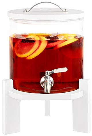 Navaris 5L Getränkespender mit Zapfhahn aus Edelstahl - Glas Wasserspender mit Stand aus Buchen Holz - Spender aus hitzebeständigem Borosilikatglas