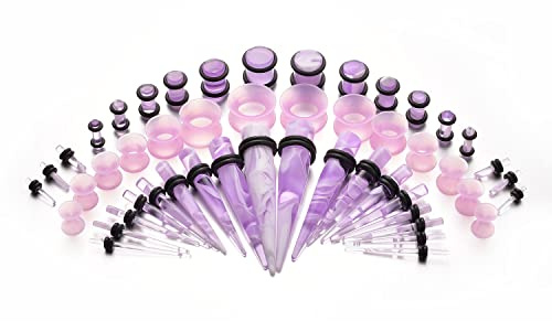 vogem 50Pcs Violet Ear Gauges Stretching Kit 14G-00G Silicone Ear Tapers and Tunnel Marble Pattern Ear Stretchers Expander Piercing Set Body Jewelry