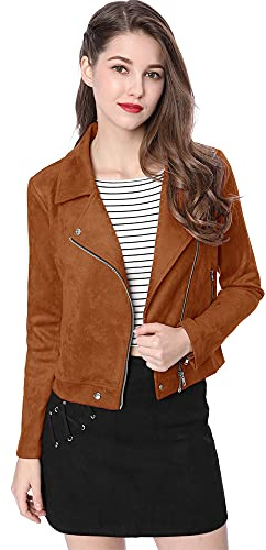 Allegra K Chaqueta de motociclista corta de gamuza sintética suave con cremallera para mujer, Marrón, Large