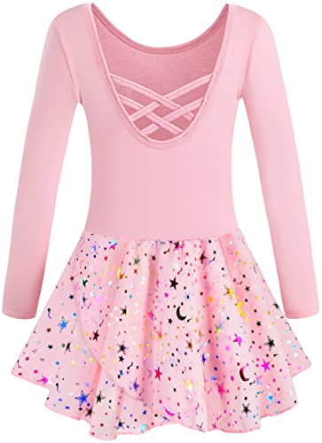 WYHDY Girls Ballet Leotards for Dance Hollow Crisscross Back Long Sleeve, Shiny Skirt(40421-08Q-M)