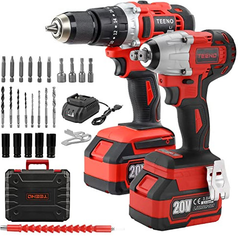 TEENO - Llave de impacto inalámbrica (320 Nm, con tuerca de percusión, 2 batería de 3,0 Ah, 1 cargador, 29 accesorios, control de cambio de velocidad de 2 velocidades