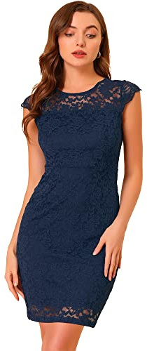 Allegra K Vestido Ajustado Elegante con Encaje Floral Y Manga Casquillo De Punto Elástico para Mujer Azul Marino L