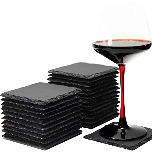 MONKEY SUN 24 Pack 4 x 4 Inch Gorgeous Black Slate Stone Coasters Bulk Square Coaster for Laser Engraving,Painting,Drink Bar Kitchen Home,DIY Handmade Natural Rough Edge,Set of 24