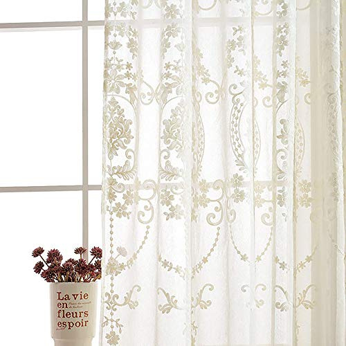 Slow Soul 2 Pannelli Tenda Bianca Stile Europeo Semi-Trasparente Tenda per Finestre Ricamata in Tulle Floreale per Soggiorno Camera da Letto con Occhielli Bianco 137L x 259L cm