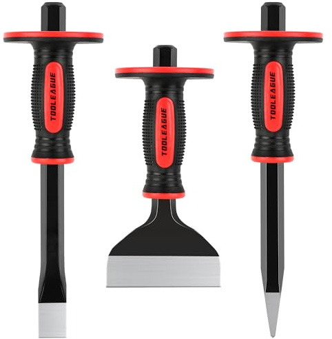 TOOLEAGUE 3Pcs Heavy Duty Masonry Chisel Set, Stone and Rock Tool,11-Inch Point & Flat Chisel, 8-Inch Brick Chisel with Hand Protection