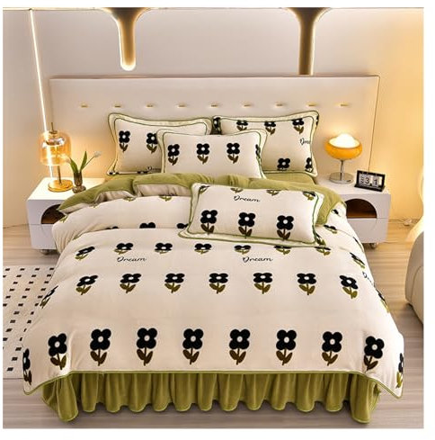 Coral Fleece Bettwäsche Dickes, hautfreundliches, warmes Flanell-Vierteiler-Set mit bedrucktem Milchfleece-Bettrock, vierteiliges Set (Color : Grimm Fairy Tale, Size : 1.5m Bed Skirt)