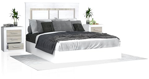duehome | Pack Cabecero y 2 Mesitas de Noche, Dormitorio Doble, Dormitorio Completo, Modelo Kira, Acabado en Andersen Pino y Gris