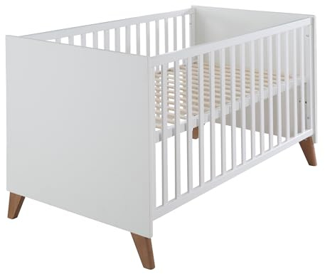 roba Babybett Ole 70 x 140 cm - Mitwachsendes Gitterbett mit Füßen aus Massivholz - Höhenverstellbar - Umbaubar zum Juniorbett - Holz weiß lackiert