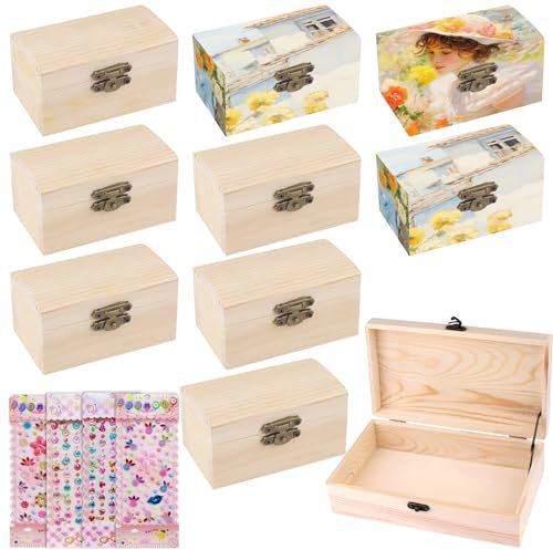 PRITOK Mini coffre au trésor coffre au trésor en bois : 10 pièces coffre au trésor anniversaire d'enfant avec 4 autocollants pailletés, boîte en bois avec couvercle, boîte cadeau pour travaux manuels,