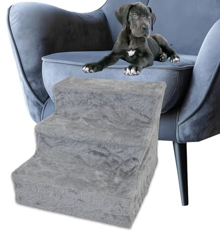 TRUTZHOLM Hundetreppe 3 Stufen Hunderampe für Bett und Sofa, Abnehmbarer, waschbarer Plüschbezug in Anthrazit robuste Hundetreppe Katzentreppe Hunderampe gelenkschonend