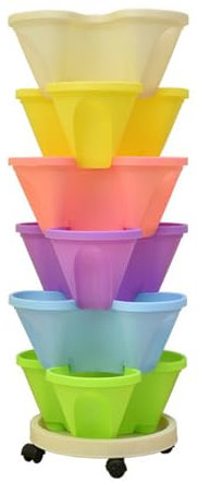 Fioriera verticale a 6 livelli impilabile a torre impilabile per erbe e verdure con ruote mobili per fragole, fiori, erbe e verdure, fioriere da giardino multicolore