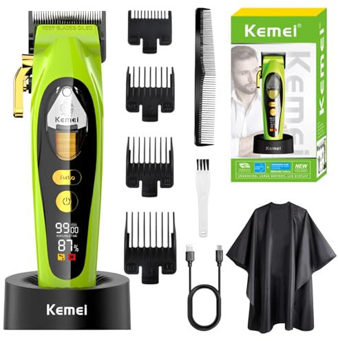 KEMEI 2035 Cortapelos profesional para hombre, inalámbrico, hojas DLC con palanca, indicador LED, eléctrico, USB, recargable, contornos, peluquería, cortapelos