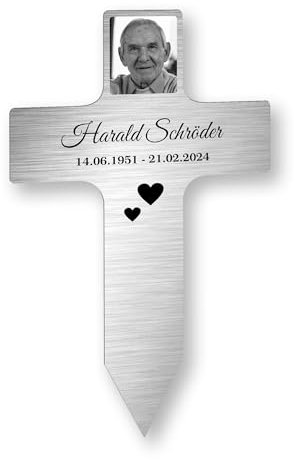 INDIGOS UG - Piquet funéraire - 100 cm - Croix aspect acier inoxydable - Piquet commémoratif résistant aux intempéries comme décoration funéraire - Personnalisé avec texte, date et photo -