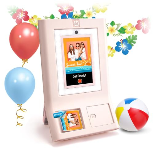 HP Sprocket Photo Booth Machine Instant Color Photo Printer, 10.1 (25.6 cm) Touchscreen, Ring Light, Custom Frames, 3x4 (7.6x10.1 cm) Photobooth Zink Paper, Share via QR Code,Mobile Notify App, Pink