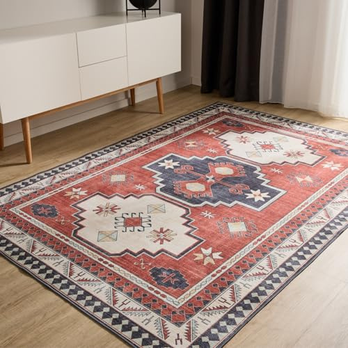 benuta Basic Waschbarer Teppich George - Multicolor/Blau 160x230 cm - Kunstfaser - Rechteckig & im Style: Vintage, Elegant, Retro - Pflegeleicht für Wohnzimmer Schlafzimmer