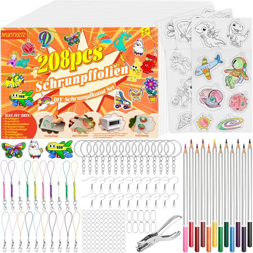 Gushu 208 Stück Schrumpffolie Set zum Schlüsselanhänger set, Bastelset 30 A5 Schrumpffolie,165 Schlüsselanhänger-Zubehör,Locher,12 Buntstifte, Handgemachte DIY-Dekoration für Kinder