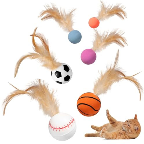 Leikedun 6 Stück Katzenbälle Spielzeug mit Federn, Interaktives Katzenspielzeug Ball, Weiches Hüpfbälle mit Feder Katzenbälle Spielzeug für Katzen Selbstbeschäftigung