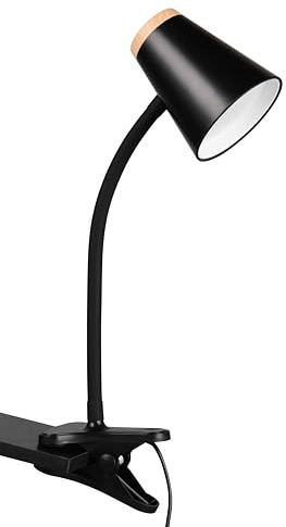 Reality Leuchten Pongo R25831102 - Lampada a morsetto, in plastica nera opaca, riproduzione in legno, con LED da 4,5 Watt, braccio flessibile