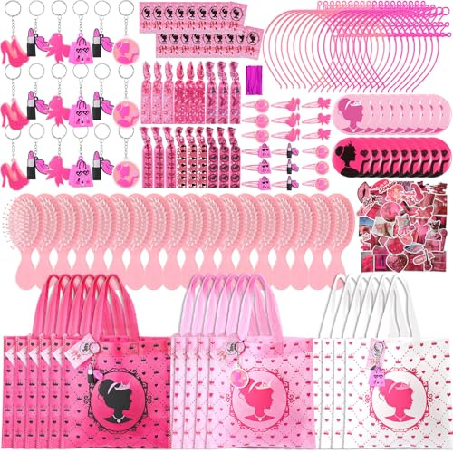 HyDren 147 Pcs Pink Girls Party Favors Hot Pink Princess Birthday Party Supplies Include Bag Crown Headband Comb Keychain Round Mirror Hairpin Card Sticker Hair Clip Bandaged Silk for Girls Gifts