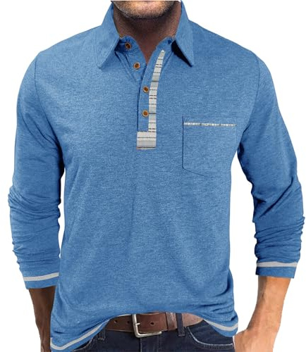 PRIVIMIX Mens Polo Shirts Long Sleeve Basic Golf Rugby Shirt with Pocket Casual Polos T-Shirts Work Tops with Plaid Collar M-3XL