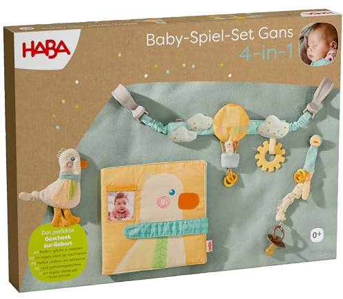 HABA Babylekset gås – 4-i-1-leksaksset med barnvagnskedja, nappkedja, gripande och fotoalbum – för att visa, förvåna och greppa, barn från 0 år – 201233001