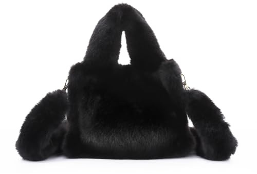 Jywmsc Pälshandväska för kvinnor mini fuskpälsväska fluffig axelväska plysch-hobo-väska med övre handtag, svart