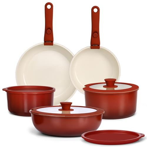 GiPP 11Pcs Pots and Pans Set with Detachable Handle, Pans Set with Ceramic Non-Stick Coating, Induction Stackable Cooking Pots Set, Mobile Cookware Set Ovenproof Safe, Red Gradient