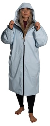 Two Bare Feet Elemental Waterproof Changing Robe Adults & Kids – 100% Waterproof & Windproof, Sherpa Fleece Lined, Slim Fit for Swimming, Surfing, Paddleboarding & Outdoors (Ice Blue/Grey, L/XL)