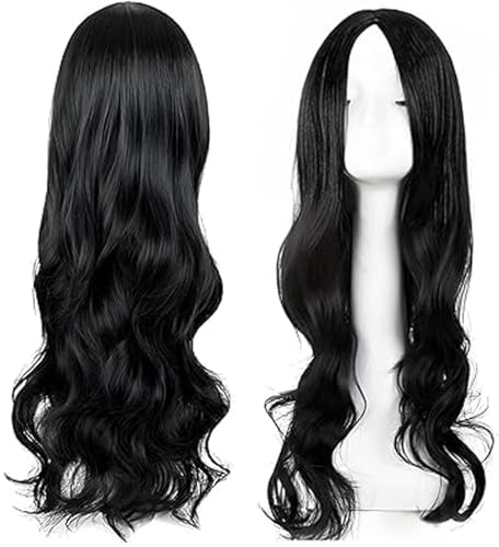 ZXTGBQ Perruque Noir, Perruques Longues Ondulée Noirs pour Femmes, 28 Pouces/70 cm Longs Cheveux Synthétiques Bouclés, Perruques pour Cosplay Tenue FêTe Carnaval- noir