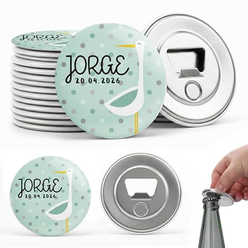 MISS CHAPAS | Pack 20 Abridores Magnéticos Personalizados Bautizo Cigüeña Verde Mint – Detalle Invitados Bautismo Bebé Niño | Recuerdo Original y Útil | Presentación Individual Lista para Regalar