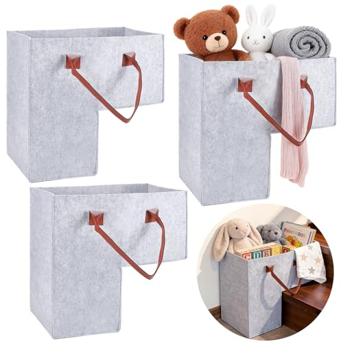 INTERWARM 3 bac de Rangement pour Escalier Organiseur à Marches Pliable en Forme de L avec Poignée en Feutre Panier D'Escalier de 25x38x40cm pour Livre Vêtements Ordinateurs (Gainsboro)