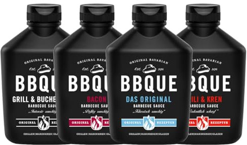 BBQUE - BBQ-Saucen Set Baconlicious 4 Squeeze-Flaschen 4x400 ml Vorteilspack - Barbecuesauce Bundle (Original, Grill & Buchenholz, Chili & Kren, Bacon) - Ideal zum Grillen, für Marinaden & als Dip