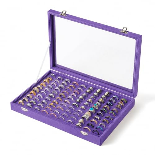 Frebeauty Ring Organiser Tray 100 Slots Ring Holder with Clear Lid Velvet Ring Storage Box Ring Tray for Jewellery Store Ring Display Case for Jewellery Show Ring Box for Women Girls(Purple)