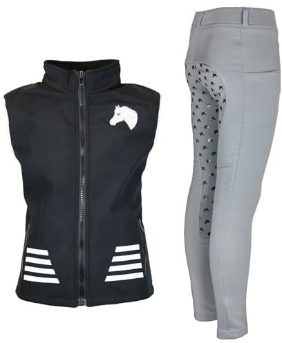MS-Trachten Reitset Kinder Softshell Reitweste Juli schwarz mit Reitlegging Hanni hellgrau (128)