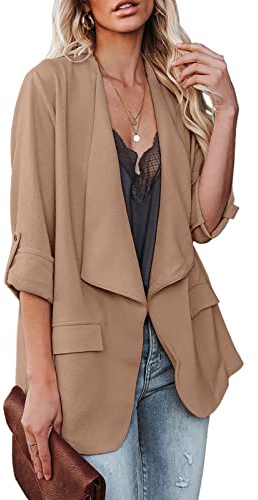 Womens Casual Blazer Jackets Roll Up Long Sleeve Open Front Work Office Business Blazers with Pockets Khaki