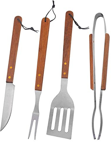 Grillbesteck Set, Grill Zubehör, Edelstahl Grillzubehör, 4-teilig Grillwerkzeug Set, Grillzange + Grillwender + Fleischgabel + Grillmesser mit Extra-Langen Holzgriffen für Camping Outdoor-Aktivitäten