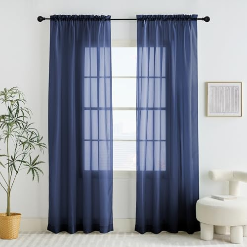 PONY DANCE Dark Blue Voile Curtains 60x84 inches - Living Room/Bedroom Window Net Curtains Slot Top Semi Transparent Voile Sheer Panels for Bedroom/Living Room, Set of 2, 60 Inch Wide