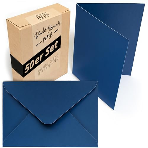 Japun - 50er Set blanko Falt-Karten inkl. Briefumschläge, Klapp-Karten zum gestalten, beschriften oder bedrucken - DIN A6 / C6 - blau