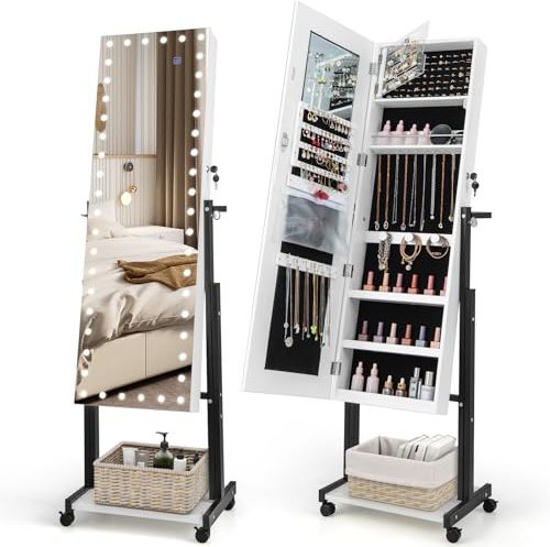 GOPLUS Armoire à Bijoux à Roulettes avec LED 3 Couleur, 2 Hauteur et 3 Angle Réglable, Intelligent Tactile, Armoire a Bijoux avec Miroir sur Pied avec Porte-manteau, Rangement (Blanc)