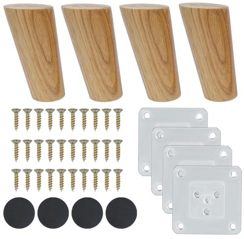 Luabue 4 Pezzi Gambe di Ricambio in Legno Piedini per Mobili in legno 10cm massello Gambe Oblique Legno per Mobili con Piastra di Montaggio, Viti e Pad Antiscivolo per Divano Letto Tavolo Sedie
