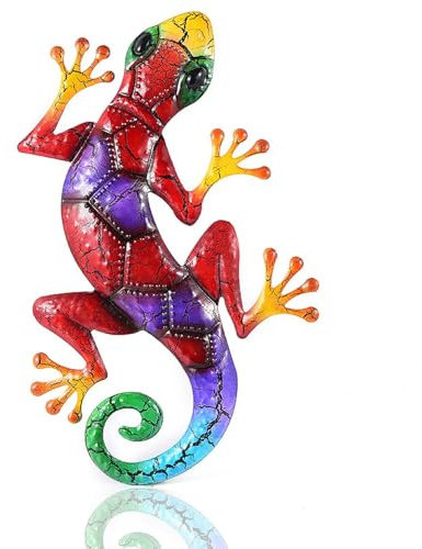 YWHWLX Metal Gecko Wall Decor, 17 Inches Lizard Garden Ornaments Wall Art, Hanging Outdoor Garden Decorations, Wall Fence Sculpture for Outdoor Backyard Porch Home Patio Lawn Fence Decorations (Red)