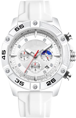 RORIOS Orologio da Polso Elegante da Uomo Orologi Casual Sportivi Orologio Analogico Quarzo Orologio Multifunzionale Cronografo con Cinturino in Silicone Bianco