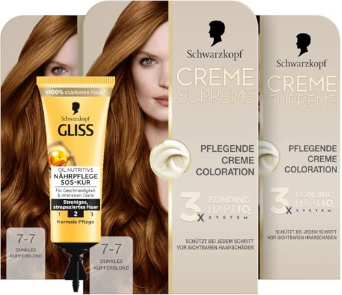 Schwarzkopf Creme Supreme Coloration 7-7 Dunkles Kupferblond (3x 182 ml), dauerhafte Haarfarbe mit Serum und Haar-Maske & SOS-Intensiv-Kur Oil Nutritive (15 ml) für intensive Reparatur