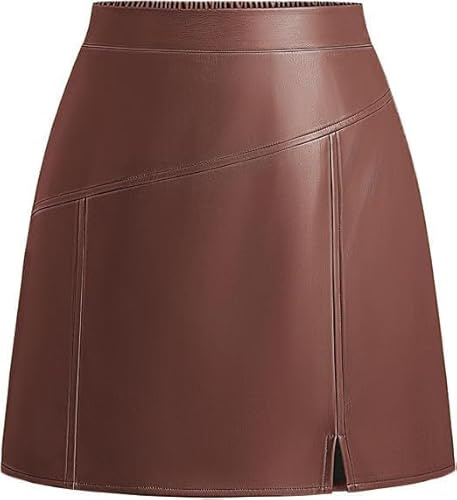 Kate Kasin Minigonna da donna in pelle PU a trapezio a vita alta con spacco laterale gonna casual con elastico in vita cerniera laterale per serate fuori party club usura, Caff, M