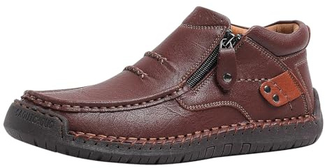 Leather Shoes Men's Breathable Non-Slip Moccasins Barefoot Shoes with Leather Upper Extra Wide Business Driving Shoes with Zip Classic Flat High Shoes Comfortable Casual Shoes, brown, 10 UK