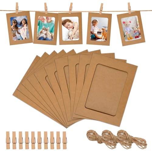FORYNXHWIN 30 piezas de guirnalda de fotos, línea de fotos con pinzas, marco de fotos de papel kraft 11,5x15,5 cm. Decoración colgante de pared, marco de fotos de cartón para decoración DIY en
