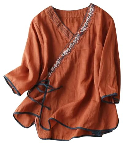 Haut vintage brodé floral pour femme - Matière en coton et lin - Bouton grenouille chinoise - Manches 3/4 - Coupe ample - Chemisier décontracté, 1 g - Orange, 4XL